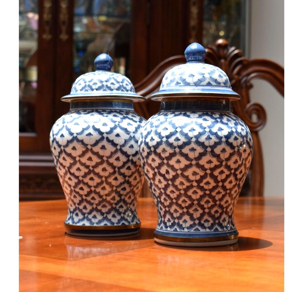 Pair Thai Hand Painted Blue White Scale Lidded Temple Jars Attr Maitland-Smith